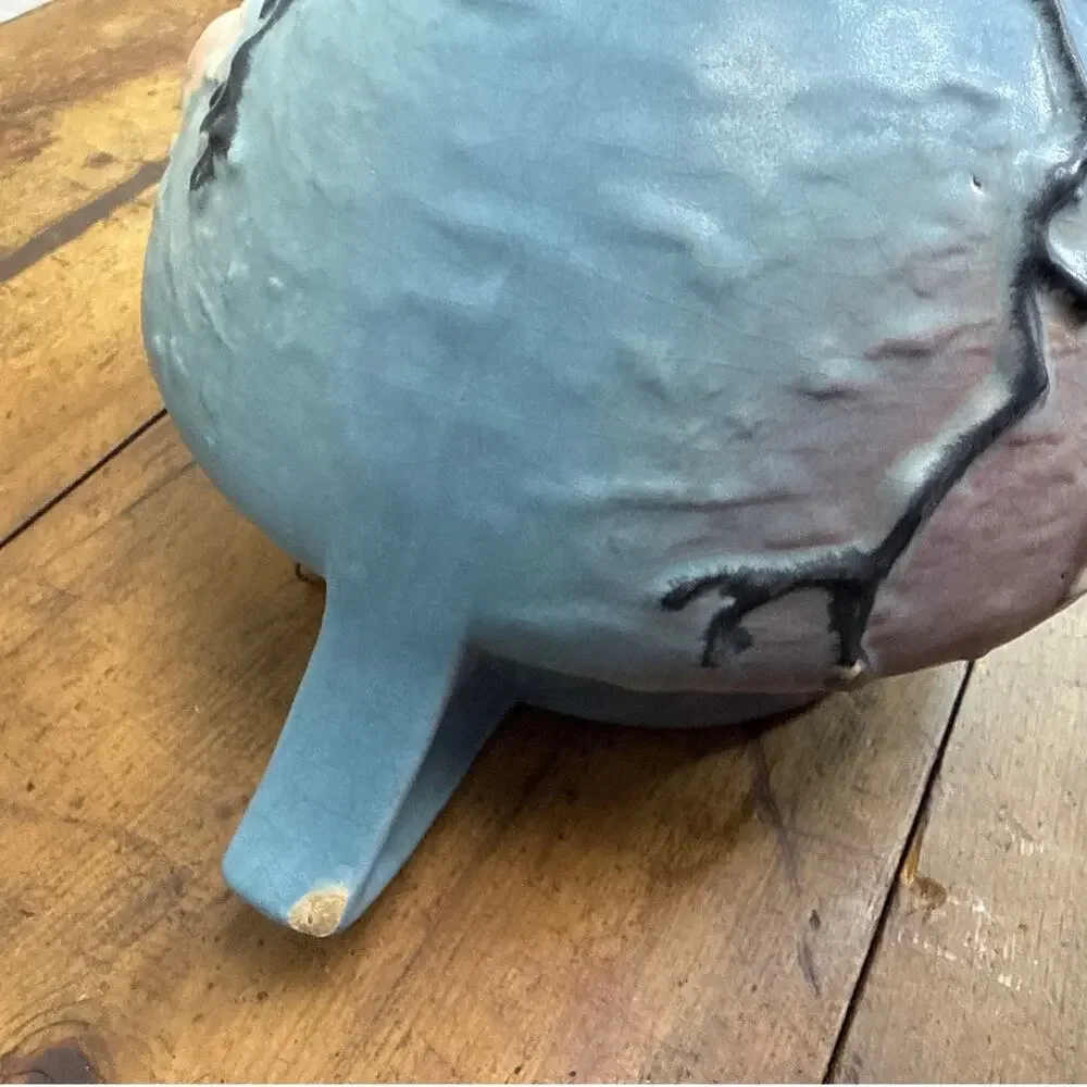 Roseville Pottery Vintage Blue Magnolia Hanging Basket Planter Floral Handles